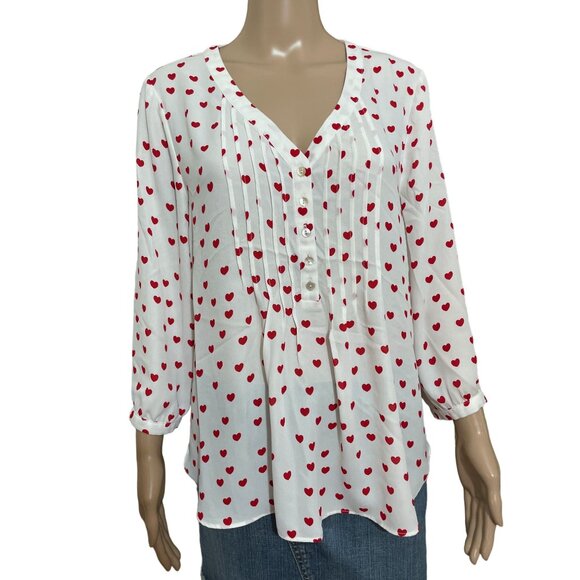 Rose And Olive White Red Heart Blouse Size M - Picture 1 of 3